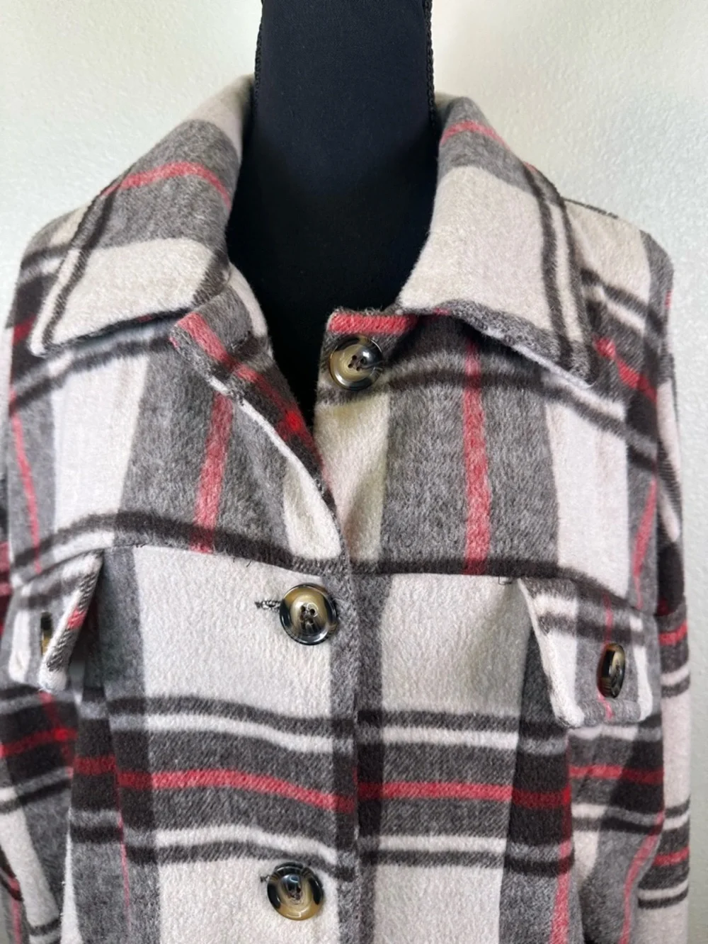 #147 - LuLaRoe Plaid Utility Shacket in Gray, White & Red - Picture 3 of 13